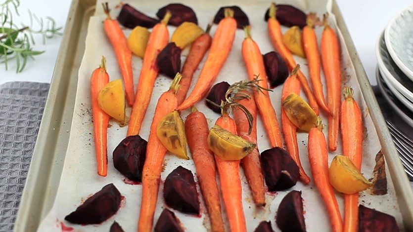 Carrots and beets on a sheet pan