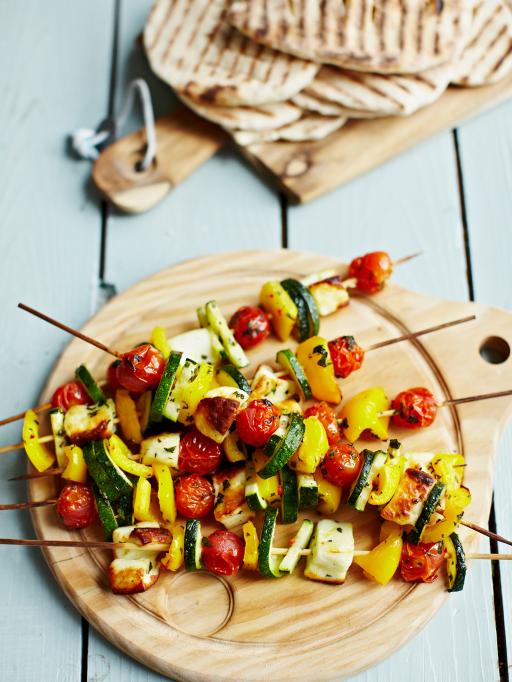 Try these Greek veggie kebabs via Jamie Oliver