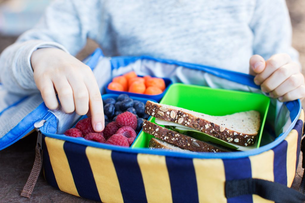 close up shot of a boy pointing to his lunchbox with contains, fruits, vegetables and a sandwich on whole grain bread