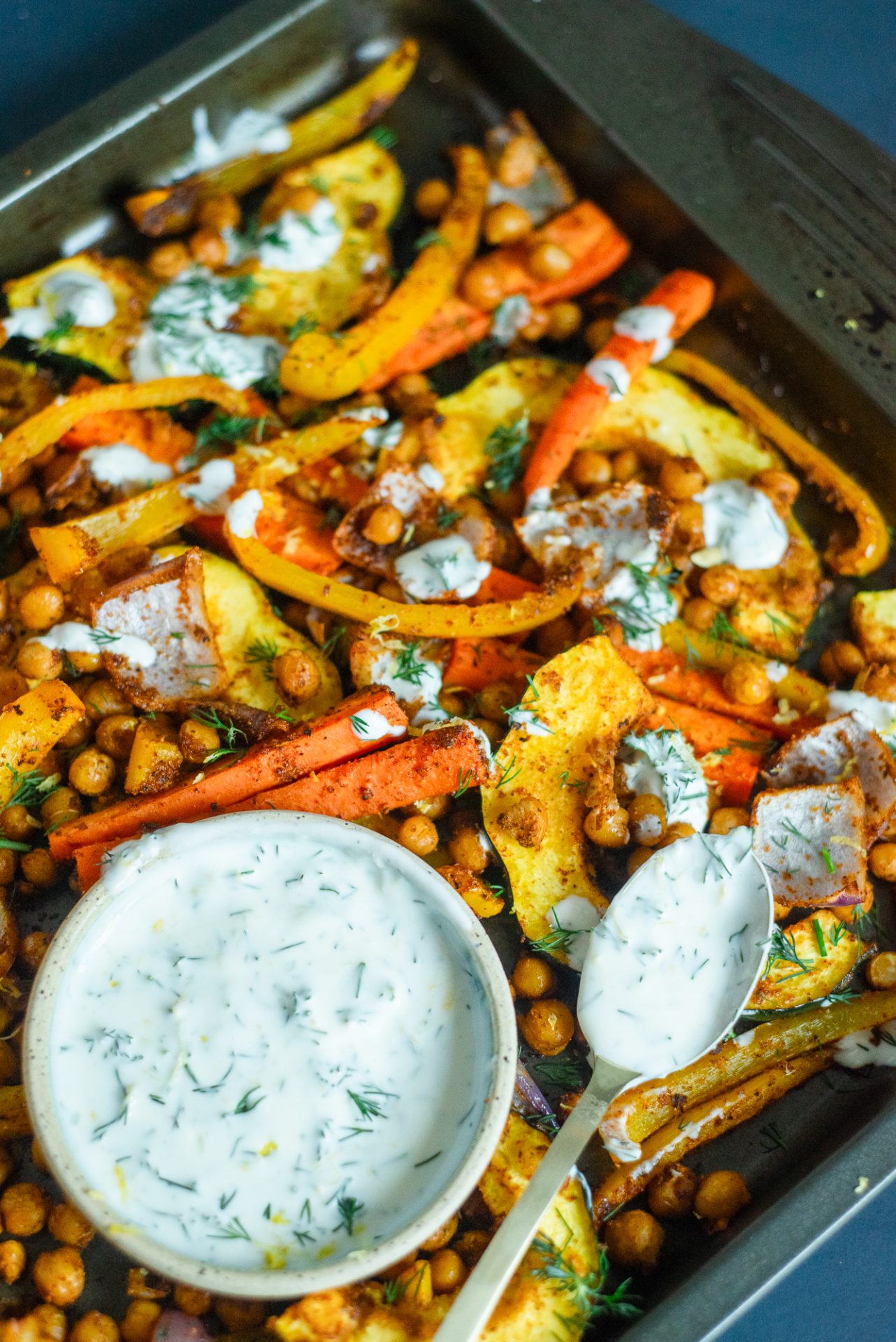 Harissa Chickpea and Roasted Veggie Sheet Pan Meal