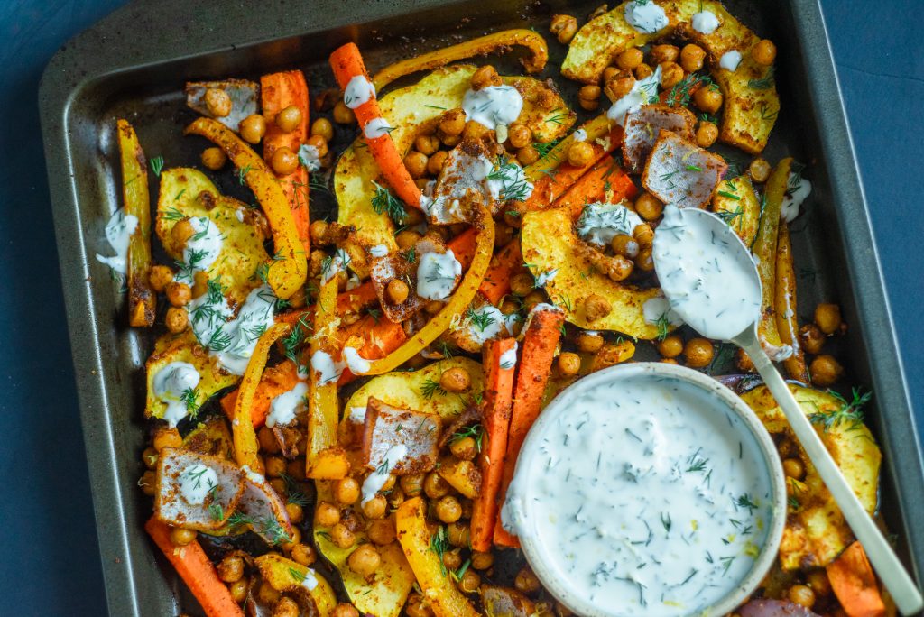 Harissa chickpea and roasted veggie sheet pan meal