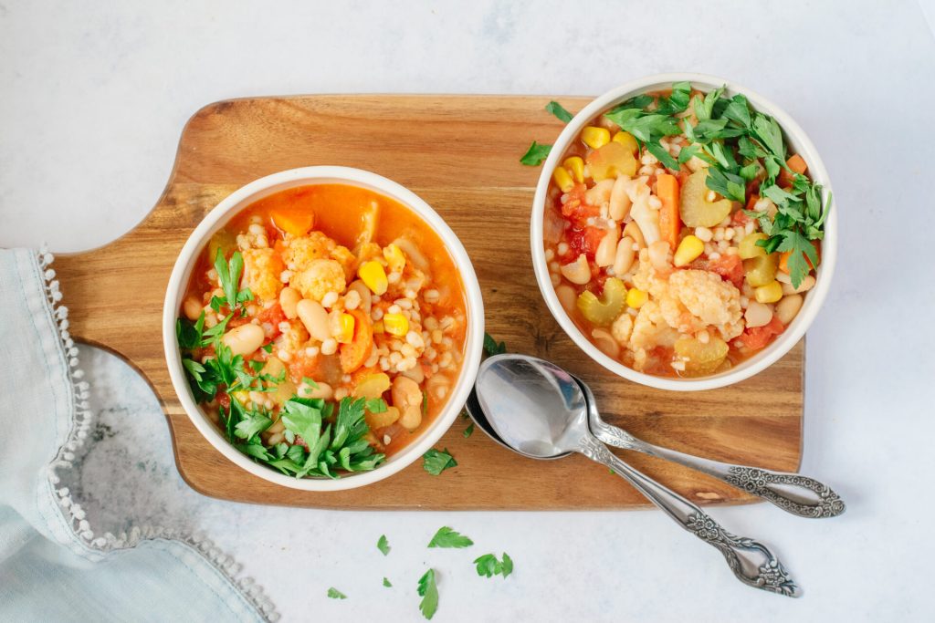 Dietitian-created soup as a meal with lentils, veggies, and broth